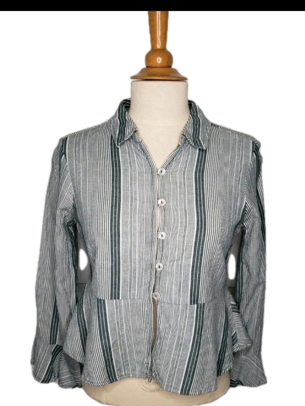 Free People Striped Green and White Peplum Hem Shirt Cotton Linen Boho Small